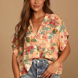Lulus Island Style Orange Floral Print Button-up Short Sleeve Top - Size M